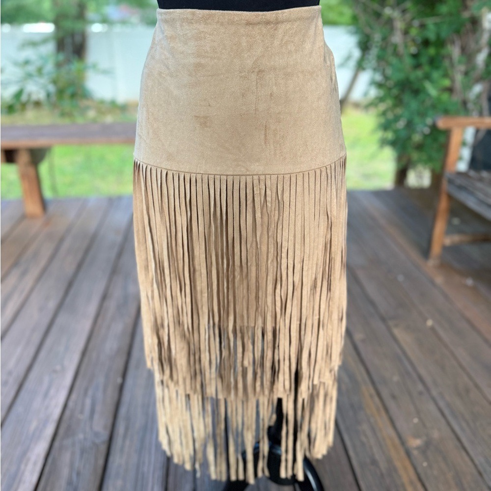 Y2K New York & Company Tan Faux Suede Lightweight Fringe Maxi Skirt